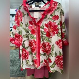 Floral Button-Up Blouse with Red Roses